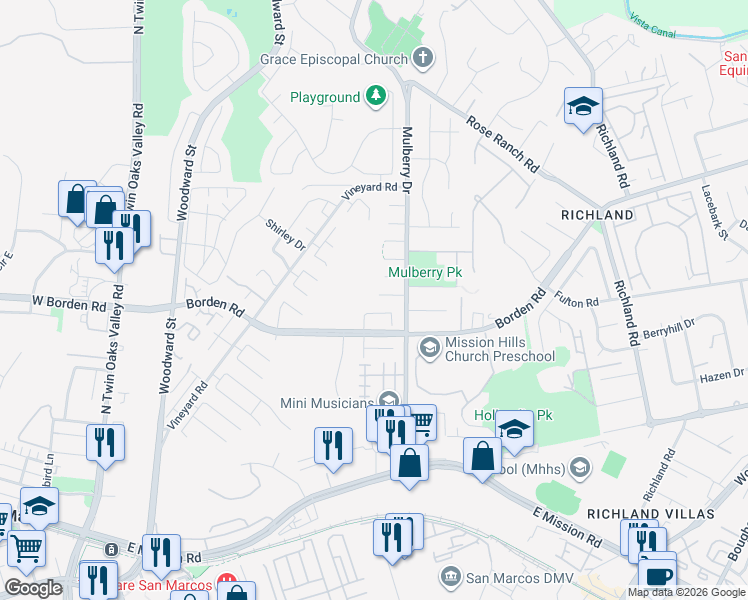 map of restaurants, bars, coffee shops, grocery stores, and more near 827 Bayberry Court in San Marcos