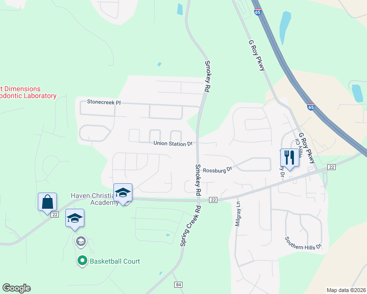 map of restaurants, bars, coffee shops, grocery stores, and more near 300 Union Station Way in Calera