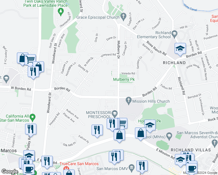 map of restaurants, bars, coffee shops, grocery stores, and more near 827 Bayberry Court in San Marcos