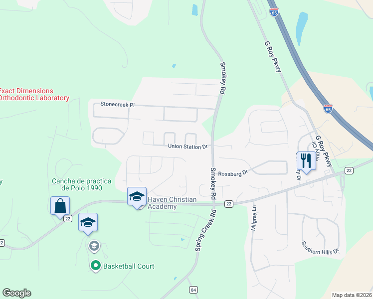 map of restaurants, bars, coffee shops, grocery stores, and more near 137 Union Station Drive in Calera