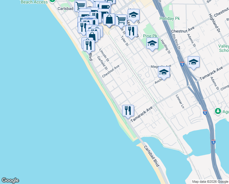 map of restaurants, bars, coffee shops, grocery stores, and more near 3490 Carlsbad Boulevard in Carlsbad