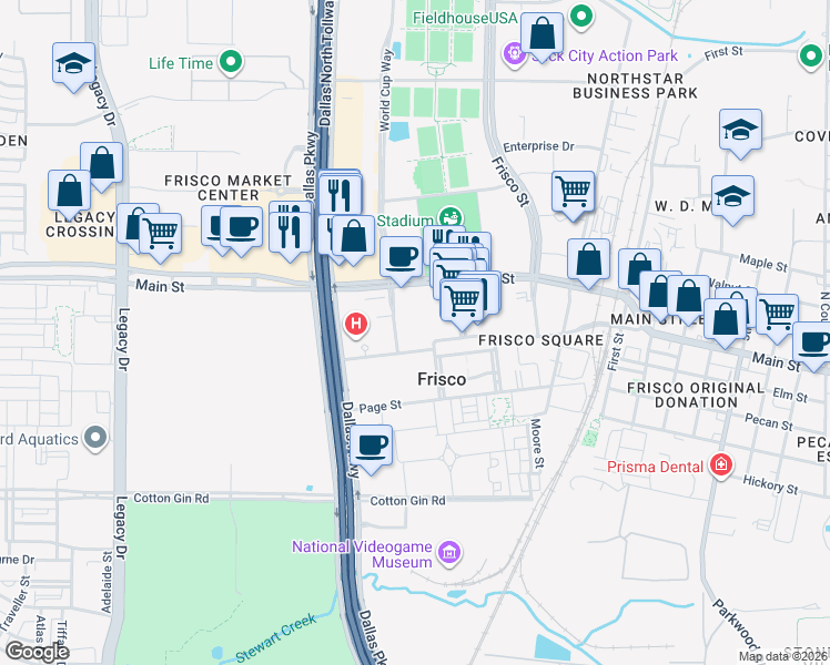map of restaurants, bars, coffee shops, grocery stores, and more near 5720 Frisco Square Boulevard in Frisco