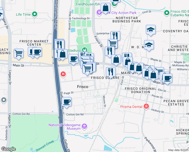 map of restaurants, bars, coffee shops, grocery stores, and more near 6136 Frisco Square Boulevard in Frisco