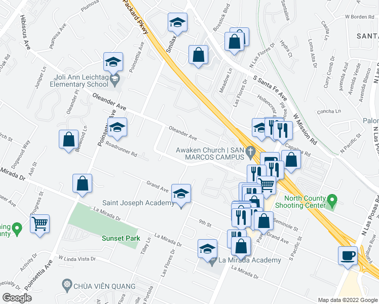 map of restaurants, bars, coffee shops, grocery stores, and more near 544 Heather Ridge Road in San Marcos