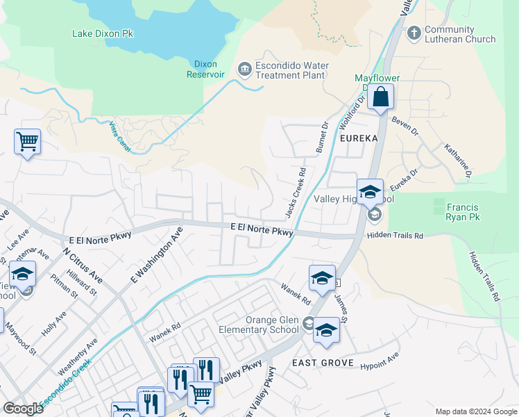 map of restaurants, bars, coffee shops, grocery stores, and more near 612 Oakwood Creek Way in Escondido