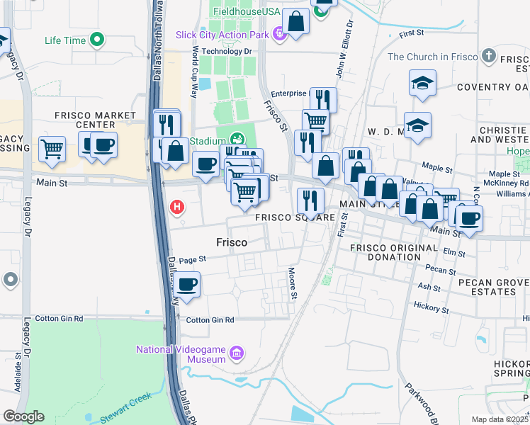 map of restaurants, bars, coffee shops, grocery stores, and more near 6226 Frisco Square Boulevard in Frisco