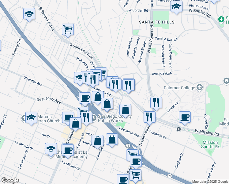 map of restaurants, bars, coffee shops, grocery stores, and more near 1547 West Mission Road in San Marcos