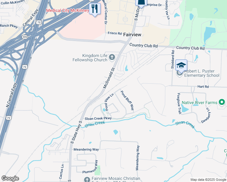 map of restaurants, bars, coffee shops, grocery stores, and more near 5127 Pond View Lane in Fairview