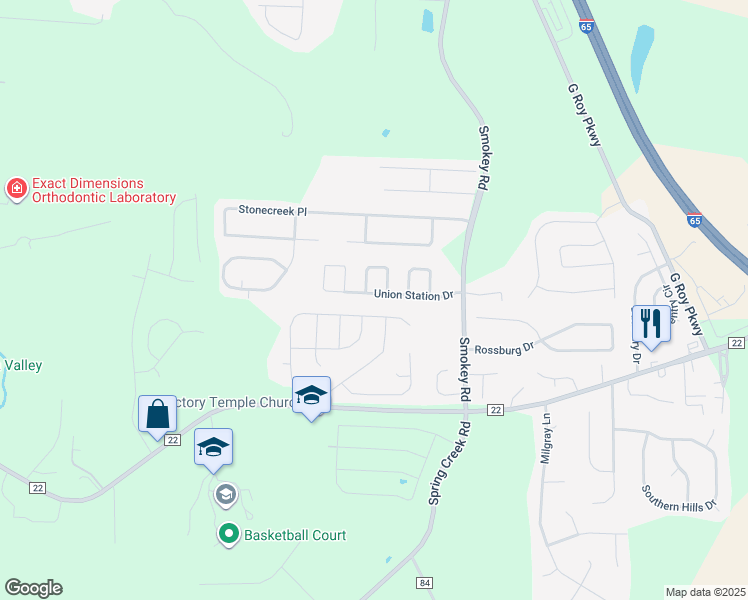map of restaurants, bars, coffee shops, grocery stores, and more near 599 Union Station Place in Calera