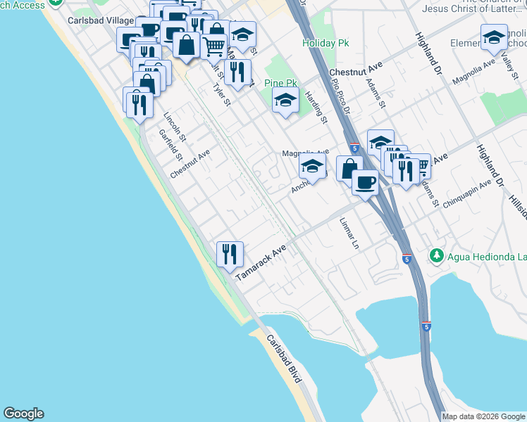 map of restaurants, bars, coffee shops, grocery stores, and more near 385 Juniper Avenue in Carlsbad