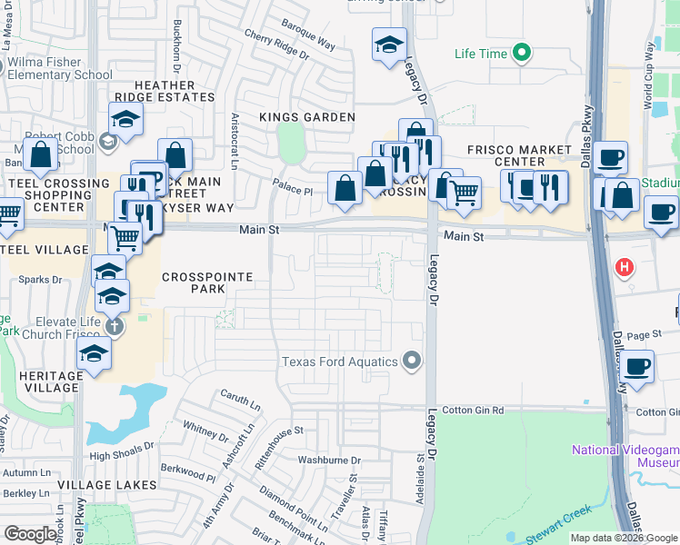 map of restaurants, bars, coffee shops, grocery stores, and more near 4202 Sechrist Drive in Frisco
