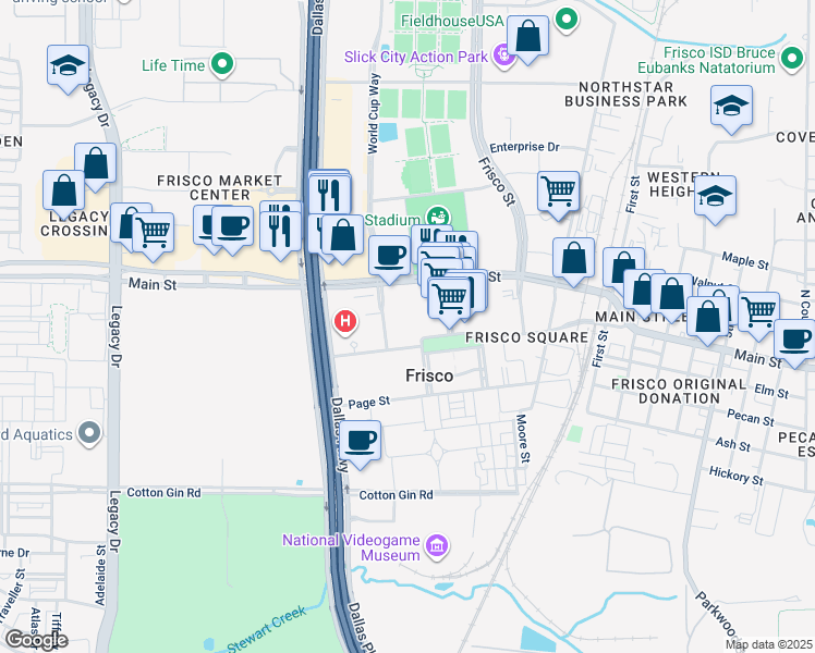 map of restaurants, bars, coffee shops, grocery stores, and more near 5720 Frisco Square Boulevard in Frisco