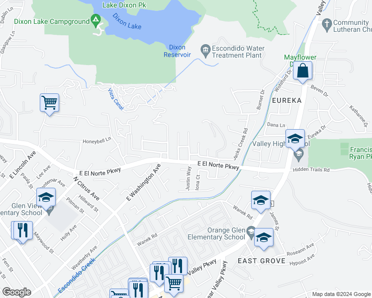 map of restaurants, bars, coffee shops, grocery stores, and more near 595 Dimaio Way in Escondido