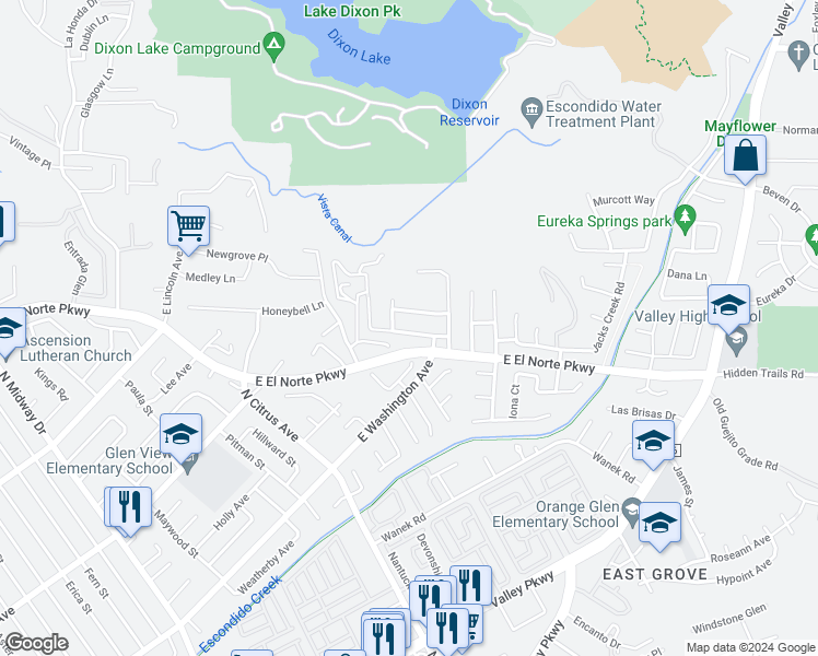 map of restaurants, bars, coffee shops, grocery stores, and more near 2720 Fieldbrook Way in Escondido