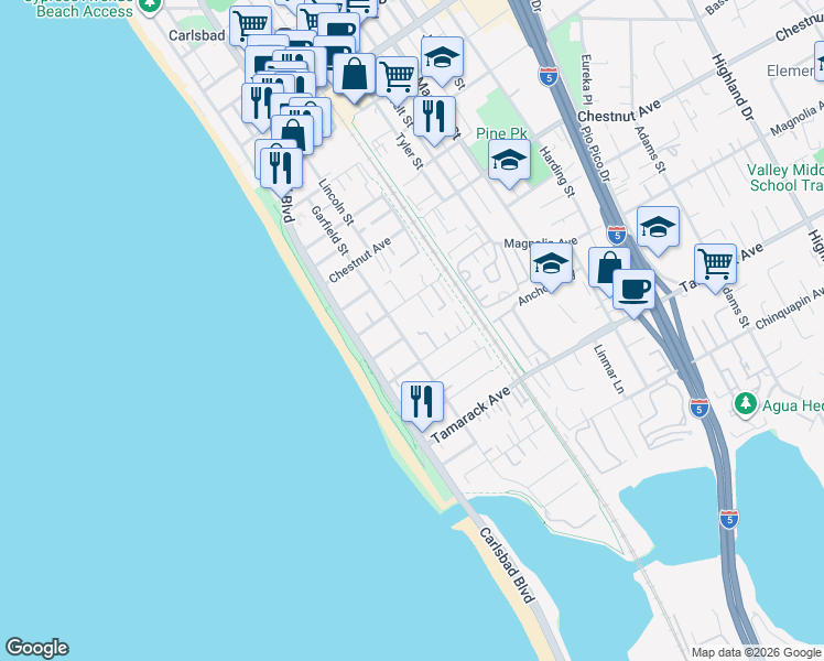 map of restaurants, bars, coffee shops, grocery stores, and more near 3588 Garfield Street in Carlsbad