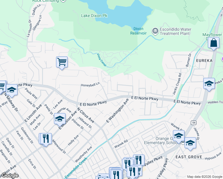 map of restaurants, bars, coffee shops, grocery stores, and more near 727 Springlake Place in Escondido