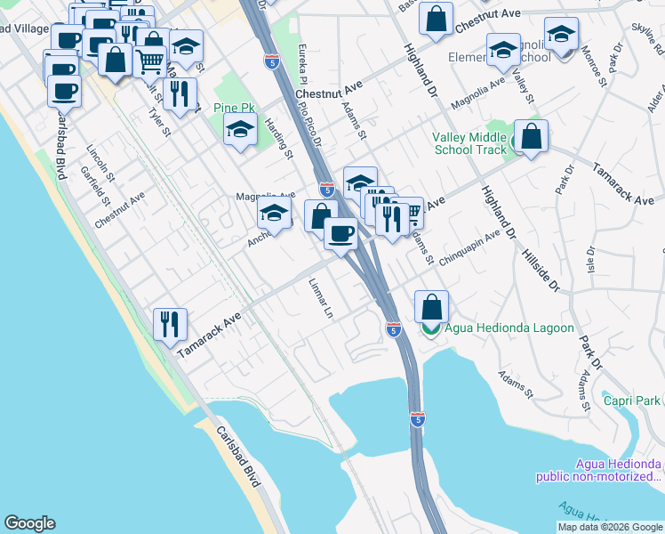 map of restaurants, bars, coffee shops, grocery stores, and more near 3904 Jefferson Street in Carlsbad
