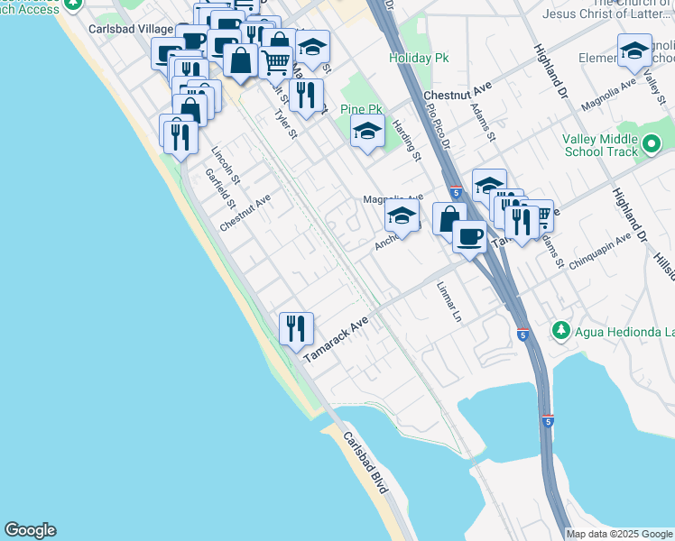 map of restaurants, bars, coffee shops, grocery stores, and more near 385 Juniper Avenue in Carlsbad