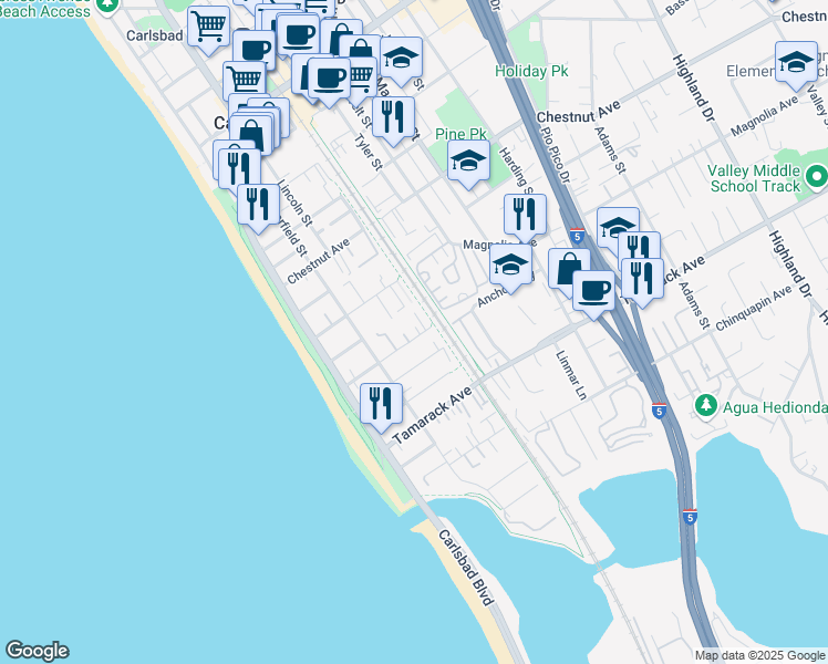 map of restaurants, bars, coffee shops, grocery stores, and more near 385 Juniper Avenue in Carlsbad