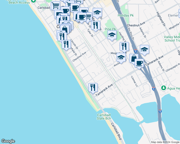 map of restaurants, bars, coffee shops, grocery stores, and more near 3564 Garfield Street in Carlsbad