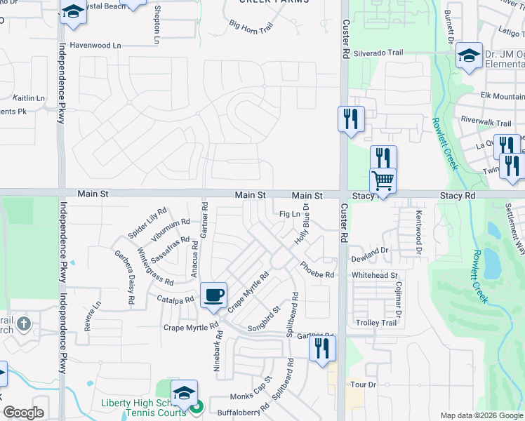map of restaurants, bars, coffee shops, grocery stores, and more near 96A Main Street in Frisco