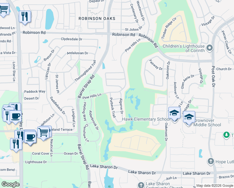 map of restaurants, bars, coffee shops, grocery stores, and more near 6401 Pine Hills Lane in Denton