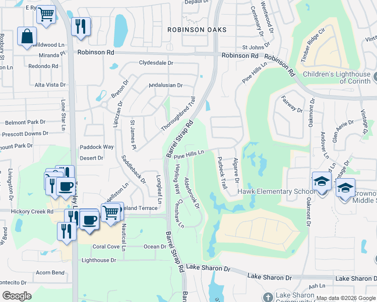 map of restaurants, bars, coffee shops, grocery stores, and more near 6517 Pine Hills Lane in Denton