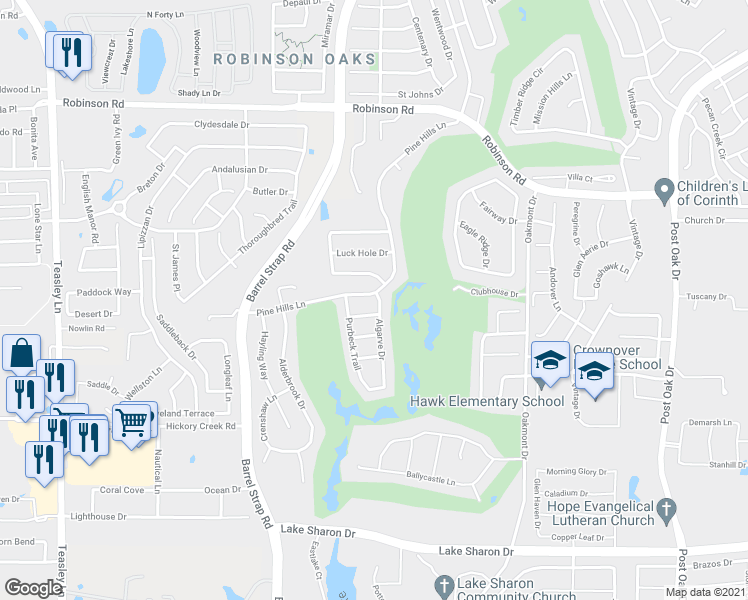 map of restaurants, bars, coffee shops, grocery stores, and more near 6401 Pine Hills Lane in Denton