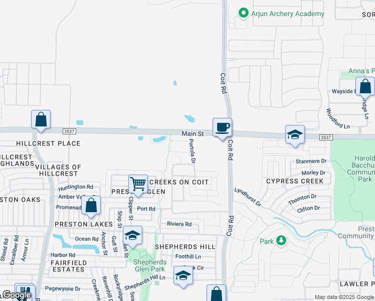 map of restaurants, bars, coffee shops, grocery stores, and more near 12333 Main Street in Frisco