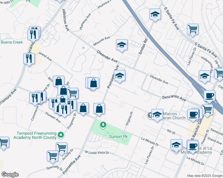 map of restaurants, bars, coffee shops, grocery stores, and more near 850 Poinsettia Avenue in San Marcos