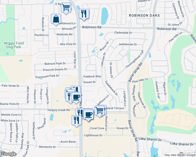 map of restaurants, bars, coffee shops, grocery stores, and more near 6301 English Saddle Lane in Denton