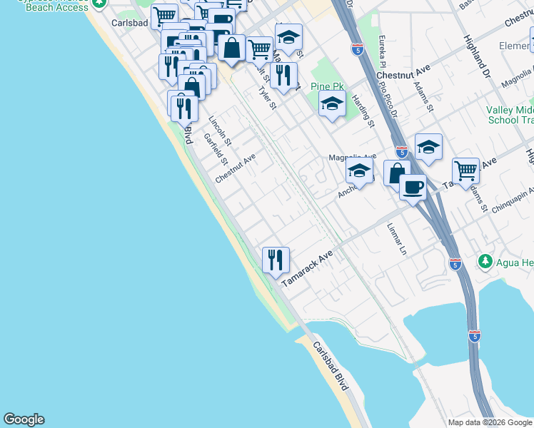 map of restaurants, bars, coffee shops, grocery stores, and more near 3586 Garfield Street in Carlsbad