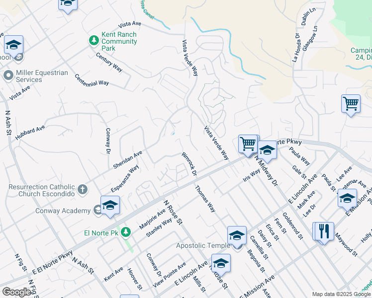 map of restaurants, bars, coffee shops, grocery stores, and more near 1408 Rimrock Drive in Escondido