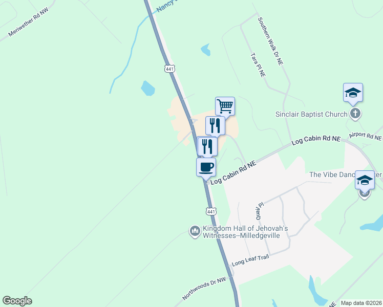 map of restaurants, bars, coffee shops, grocery stores, and more near 2800 North Columbia Street in Milledgeville