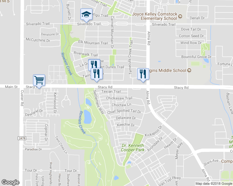 map of restaurants, bars, coffee shops, grocery stores, and more near 8017 Texian Trail in McKinney