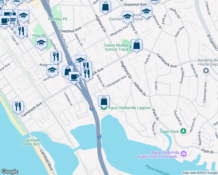 map of restaurants, bars, coffee shops, grocery stores, and more near 1125 Chinquapin Avenue in Carlsbad