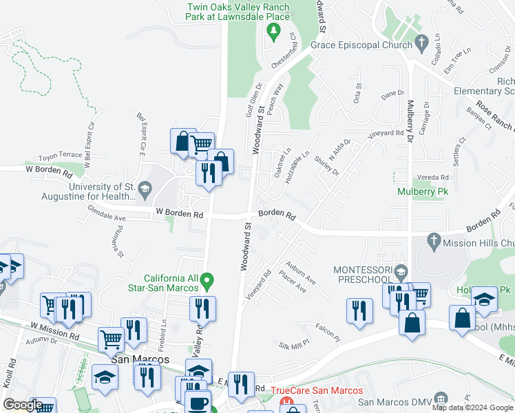 map of restaurants, bars, coffee shops, grocery stores, and more near 300 Borden Road in San Marcos