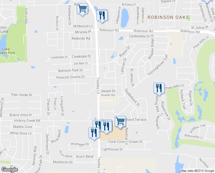 map of restaurants, bars, coffee shops, grocery stores, and more near 2824 Paddock Way in Denton