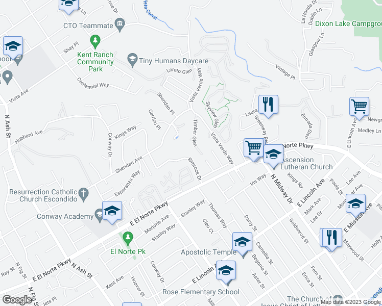 map of restaurants, bars, coffee shops, grocery stores, and more near 1408 Rimrock Drive in Escondido