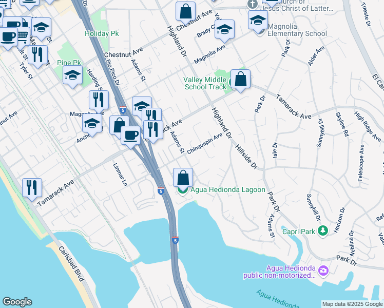 map of restaurants, bars, coffee shops, grocery stores, and more near 1125 Chinquapin Avenue in Carlsbad