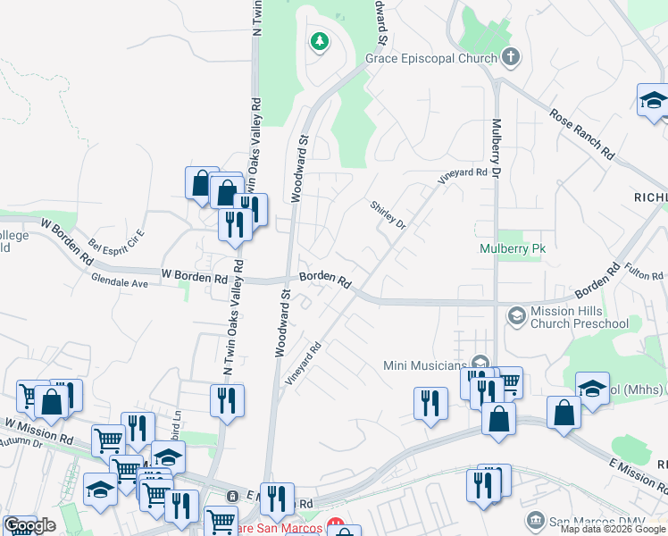 map of restaurants, bars, coffee shops, grocery stores, and more near 406 Borden Road in San Marcos