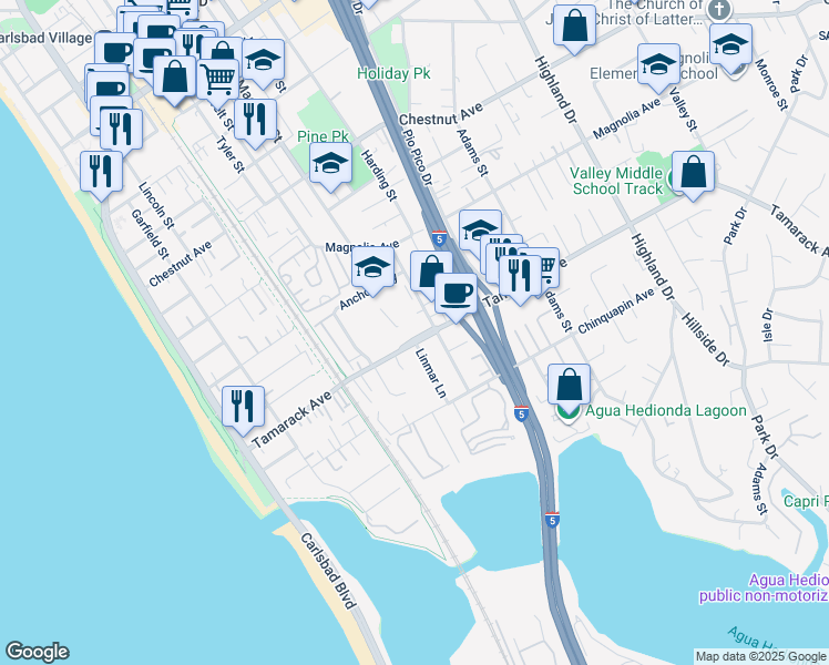 map of restaurants, bars, coffee shops, grocery stores, and more near 668 Tamarack Avenue in Carlsbad