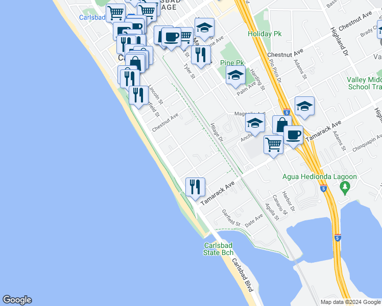 map of restaurants, bars, coffee shops, grocery stores, and more near 3588 Garfield Street in Carlsbad