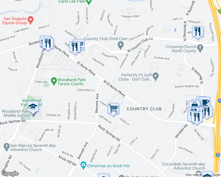 map of restaurants, bars, coffee shops, grocery stores, and more near 2155 West El Norte Parkway in Escondido