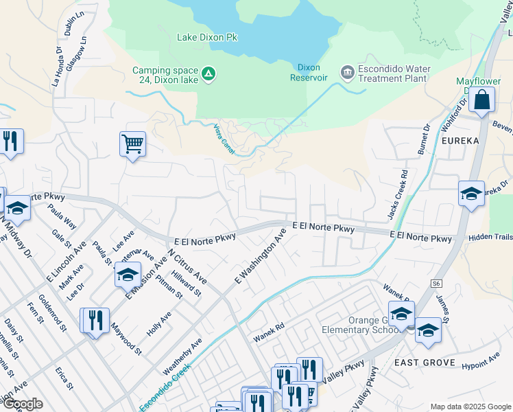 map of restaurants, bars, coffee shops, grocery stores, and more near 727 Springlake Place in Escondido