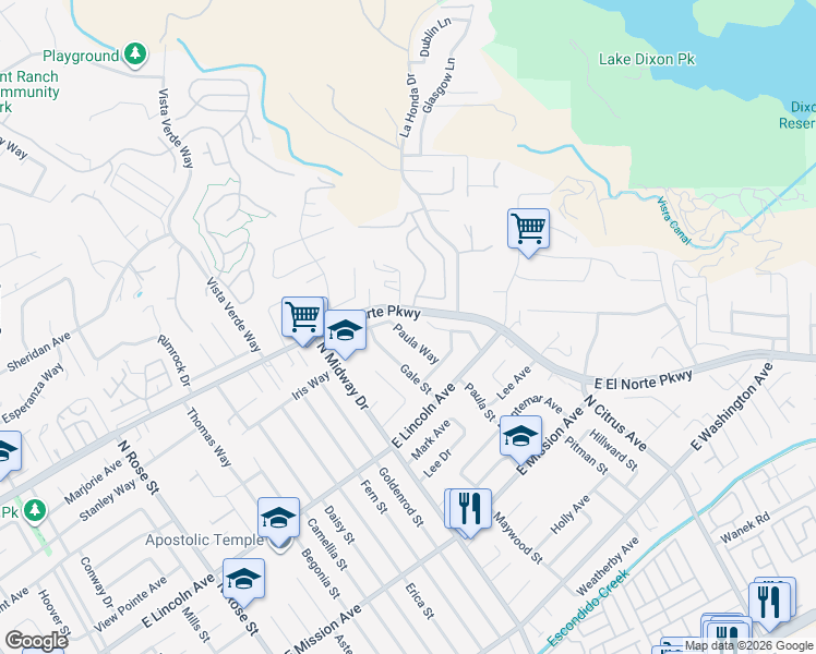 map of restaurants, bars, coffee shops, grocery stores, and more near 1126 Paula Way in Escondido