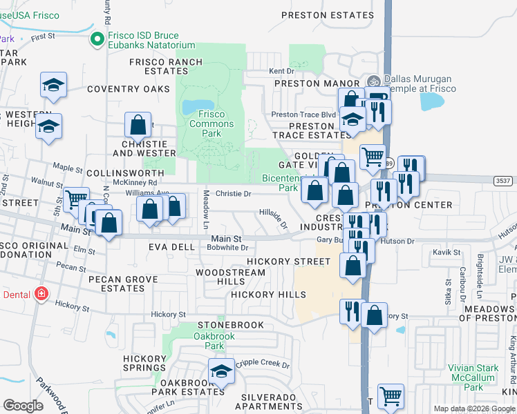 map of restaurants, bars, coffee shops, grocery stores, and more near 8324 Hillside Drive in Frisco