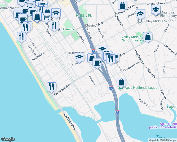 map of restaurants, bars, coffee shops, grocery stores, and more near 668 Tamarack Avenue in Carlsbad