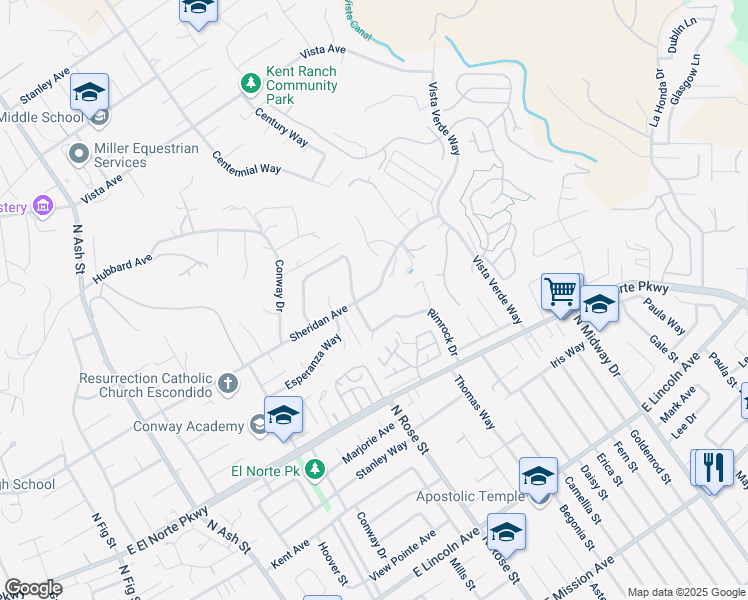 map of restaurants, bars, coffee shops, grocery stores, and more near 1675 Sheridan Avenue in Escondido
