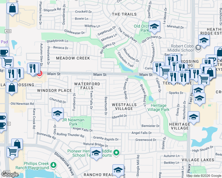 map of restaurants, bars, coffee shops, grocery stores, and more near 1801 Darnell Circle in Frisco